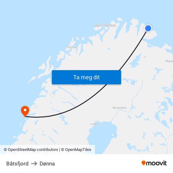 Båtsfjord to Dønna map