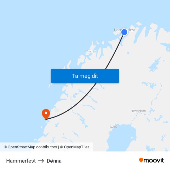 Hammerfest to Dønna map