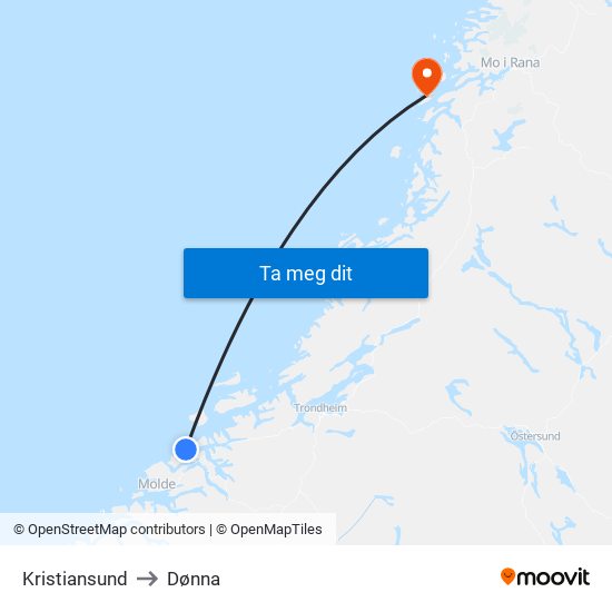 Kristiansund to Dønna map