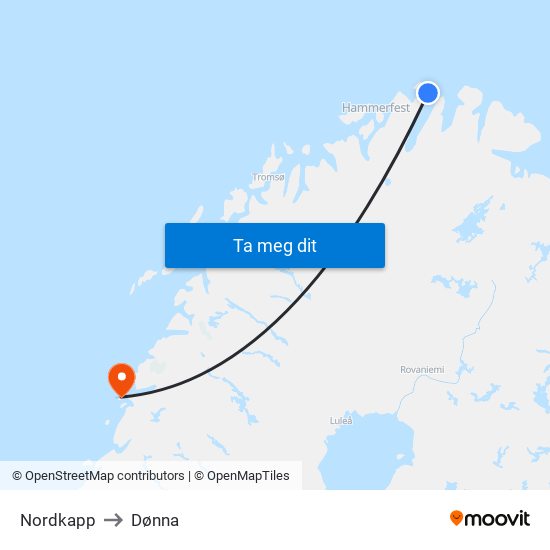 Nordkapp to Dønna map