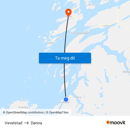 Vevelstad to Dønna map