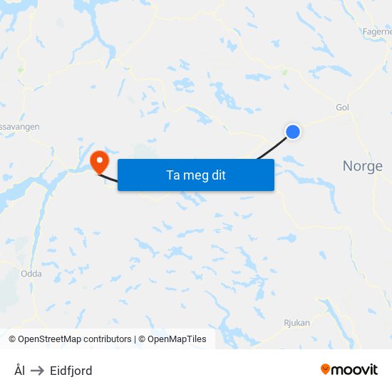 Ål to Eidfjord map