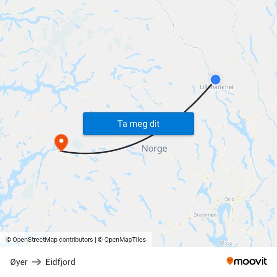 Øyer to Eidfjord map