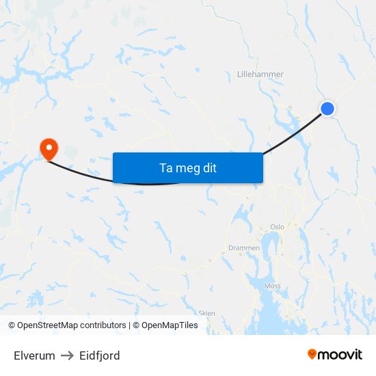 Elverum to Eidfjord map