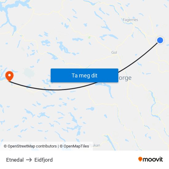 Etnedal to Eidfjord map
