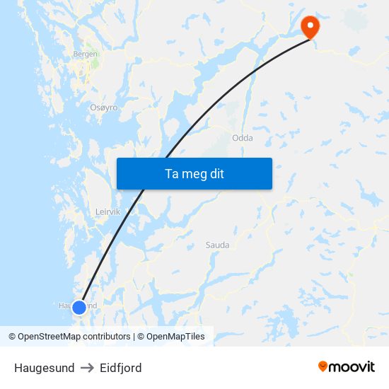 Haugesund to Eidfjord map