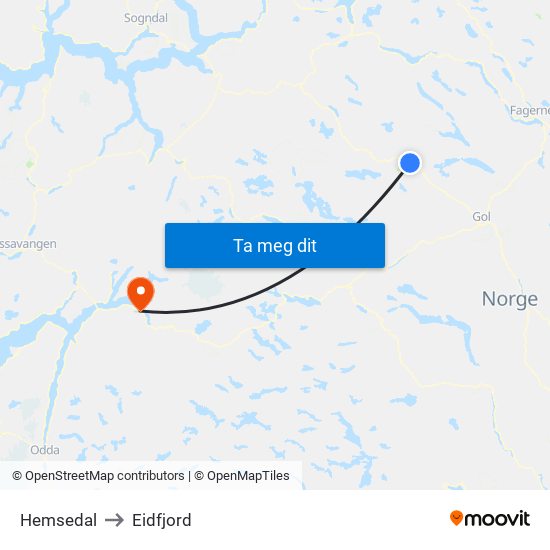 Hemsedal to Eidfjord map