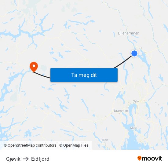 Gjøvik to Eidfjord map