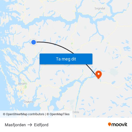 Masfjorden to Eidfjord map