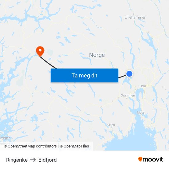 Ringerike to Eidfjord map