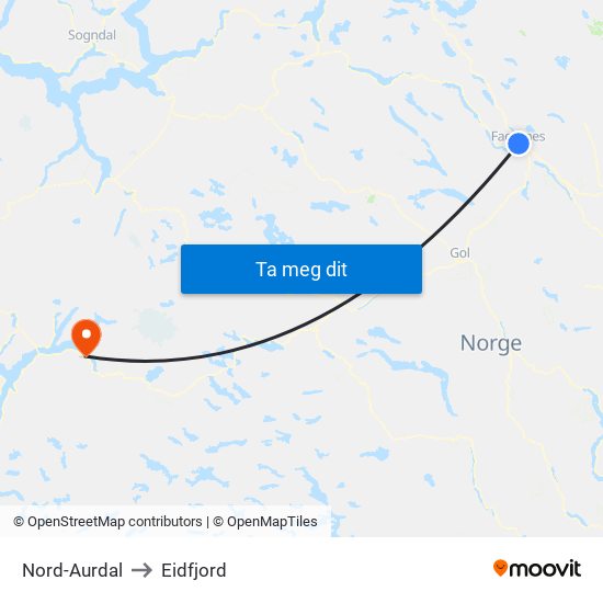 Nord-Aurdal to Eidfjord map