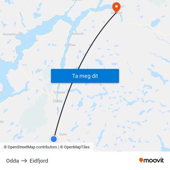 Odda to Eidfjord map