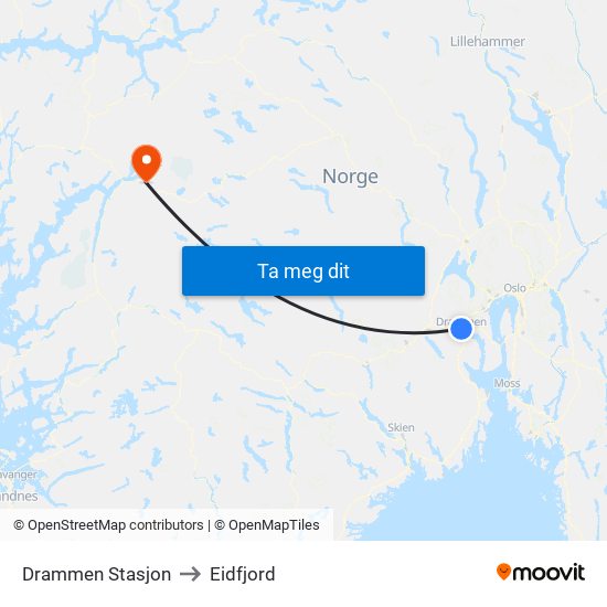 Drammen Stasjon to Eidfjord map