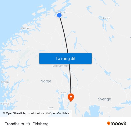 Trondheim to Eidsberg map