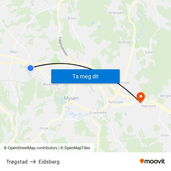 Trøgstad to Eidsberg map