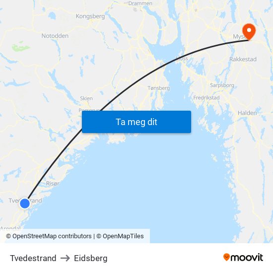 Tvedestrand to Eidsberg map