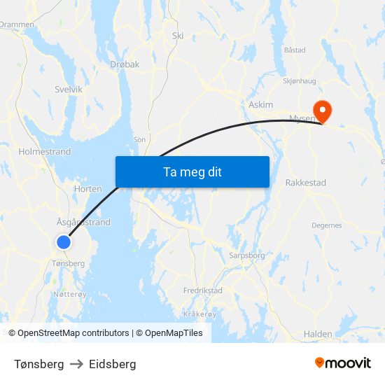 Tønsberg to Eidsberg map