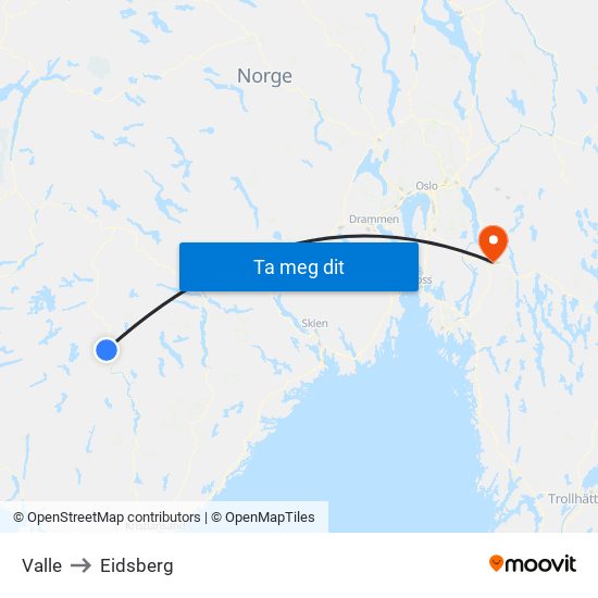 Valle to Eidsberg map