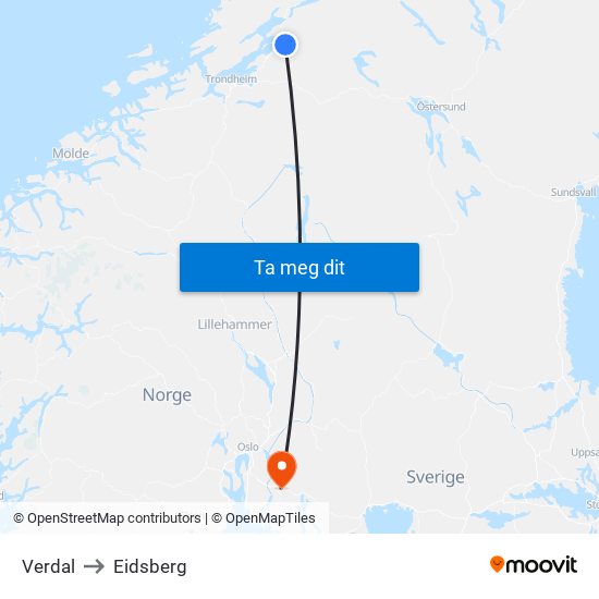 Verdal to Eidsberg map