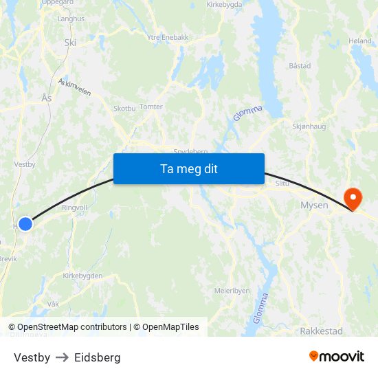 Vestby to Eidsberg map