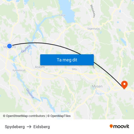 Spydeberg to Eidsberg map