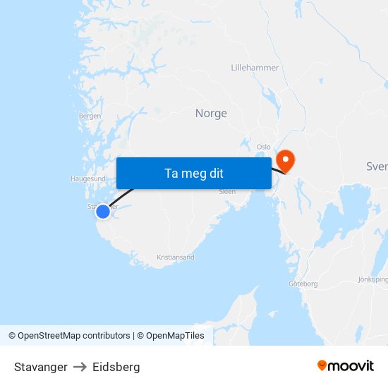 Stavanger to Eidsberg map