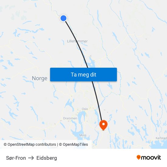 Sør-Fron to Eidsberg map