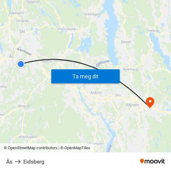 Ås to Eidsberg map