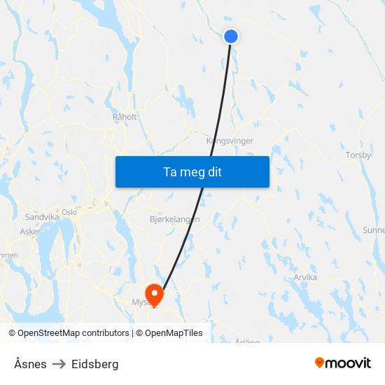 Åsnes to Eidsberg map