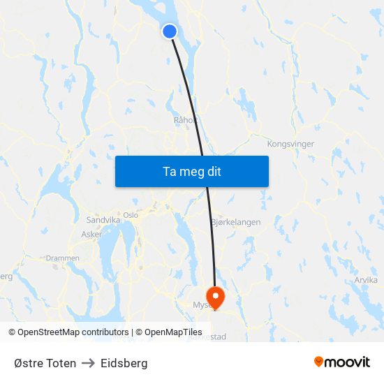 Østre Toten to Eidsberg map