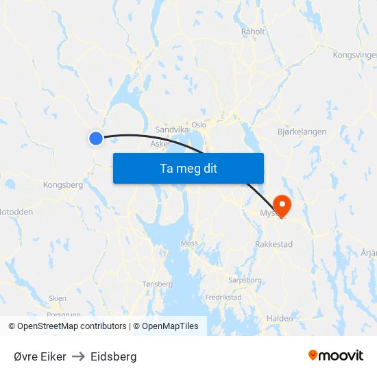 Øvre Eiker to Eidsberg map