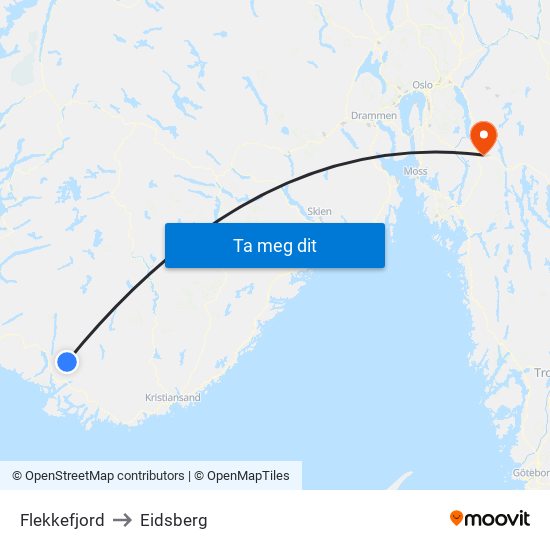 Flekkefjord to Eidsberg map