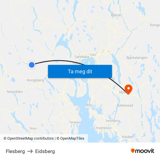 Flesberg to Eidsberg map