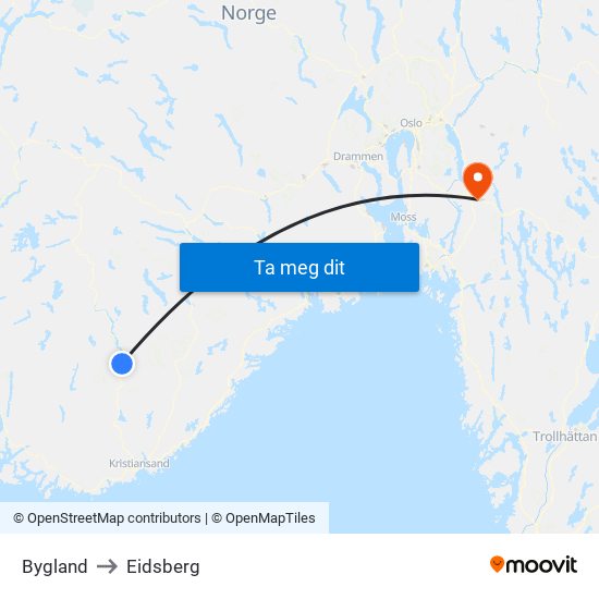 Bygland to Eidsberg map