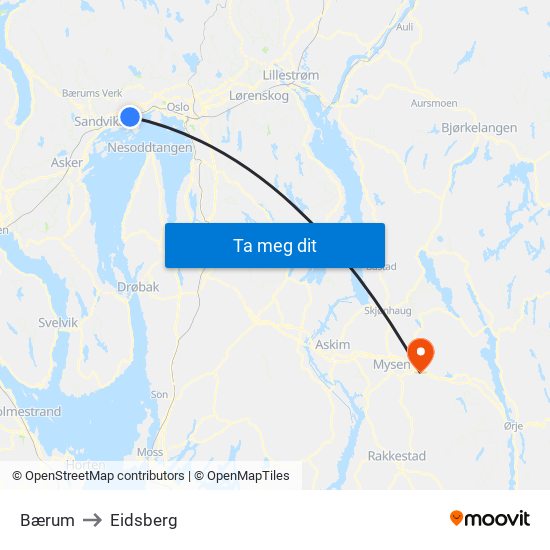 Bærum to Eidsberg map