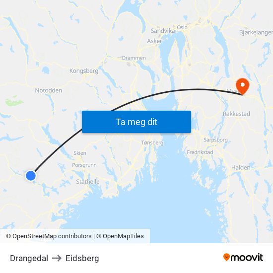 Drangedal to Eidsberg map