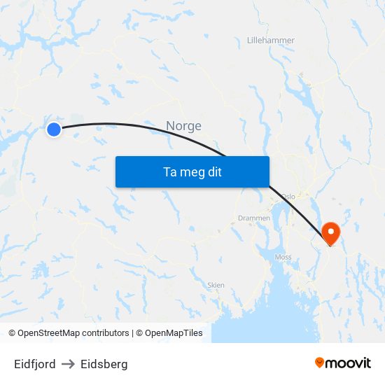 Eidfjord to Eidsberg map