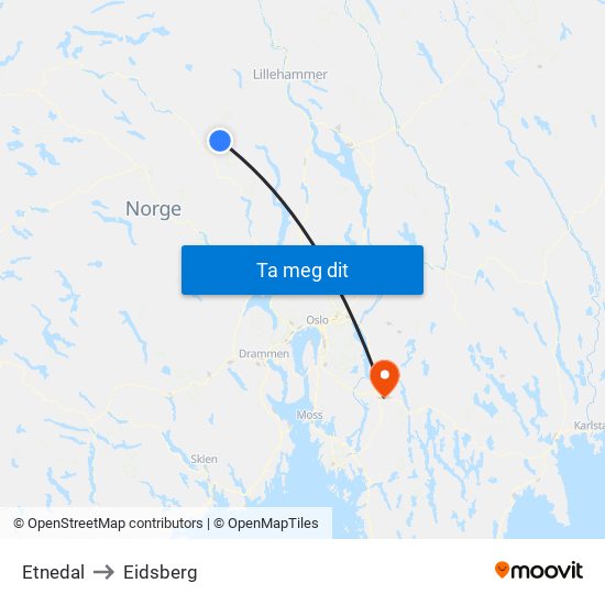 Etnedal to Eidsberg map