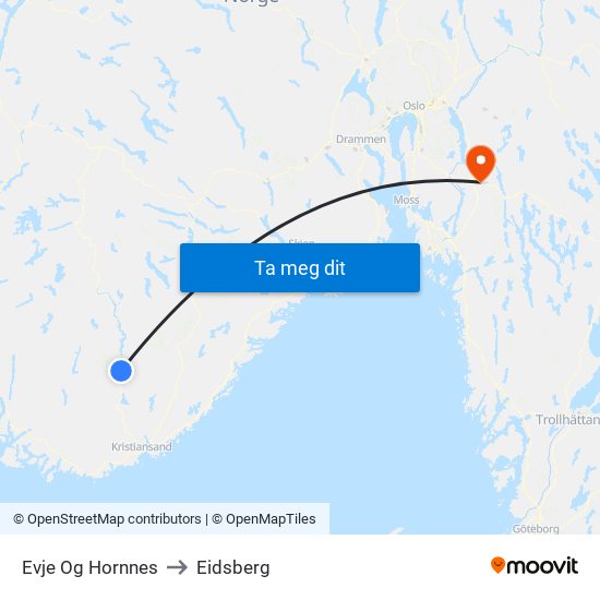 Evje Og Hornnes to Eidsberg map