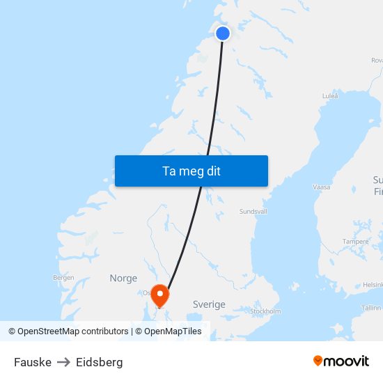 Fauske to Eidsberg map