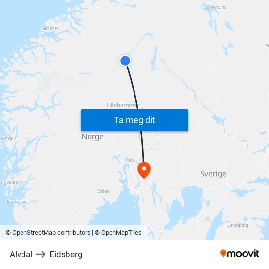 Alvdal to Eidsberg map