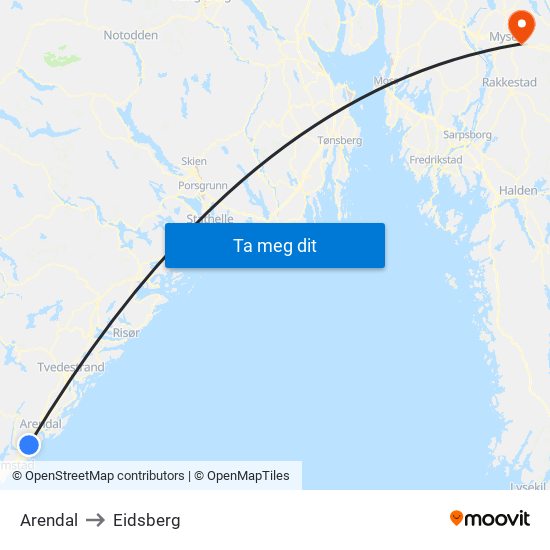 Arendal to Eidsberg map