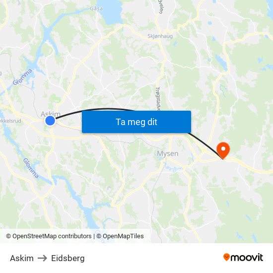 Askim to Eidsberg map