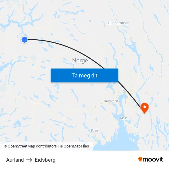 Aurland to Eidsberg map