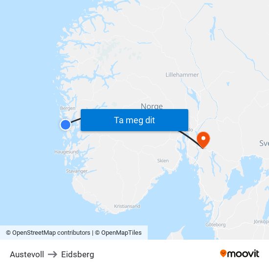 Austevoll to Eidsberg map