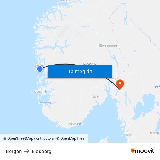 Bergen to Eidsberg map