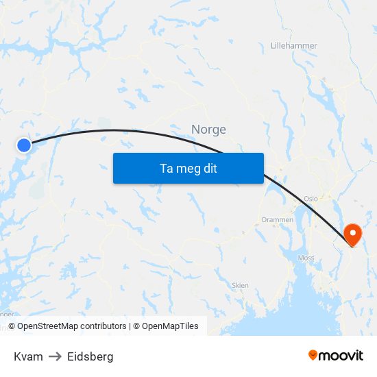 Kvam to Eidsberg map