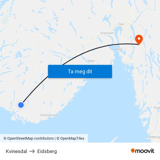 Kvinesdal to Eidsberg map