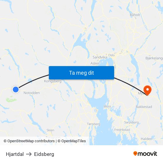 Hjartdal to Eidsberg map