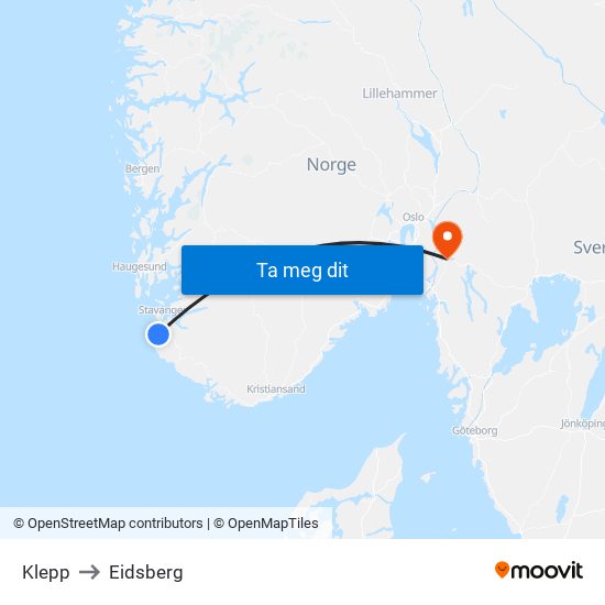 Klepp to Eidsberg map